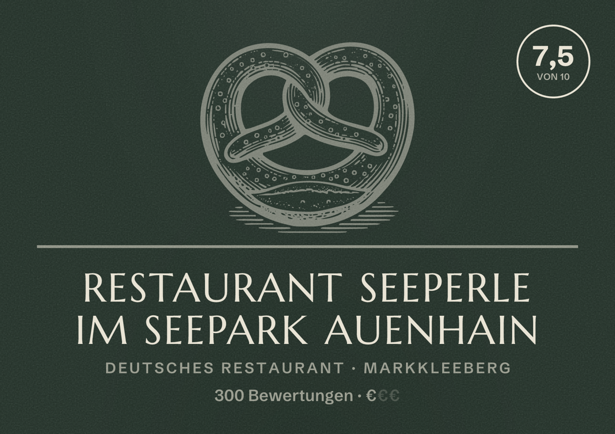 Illustriertes Poster von Restaurant Seeperle im Seepark Auenhain, Deutsches Restaurant in Markkleeberg: Bewertung 7,5 von 10 aus 300 Bewertungen, Preisniveau €