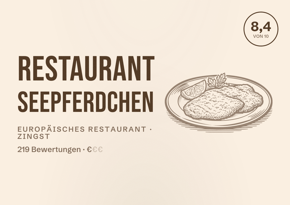 Illustriertes Poster von Restaurant Seepferdchen, Europäisches Restaurant in Zingst: Bewertung 8,4 von 10 aus 219 Bewertungen, Preisniveau €