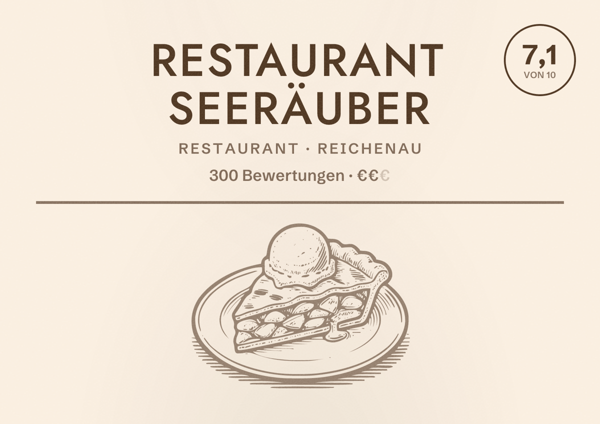 Illustriertes Poster von Restaurant Seeräuber, Restaurant in Reichenau: Bewertung 7,1 von 10 aus 300 Bewertungen, Preisniveau €€