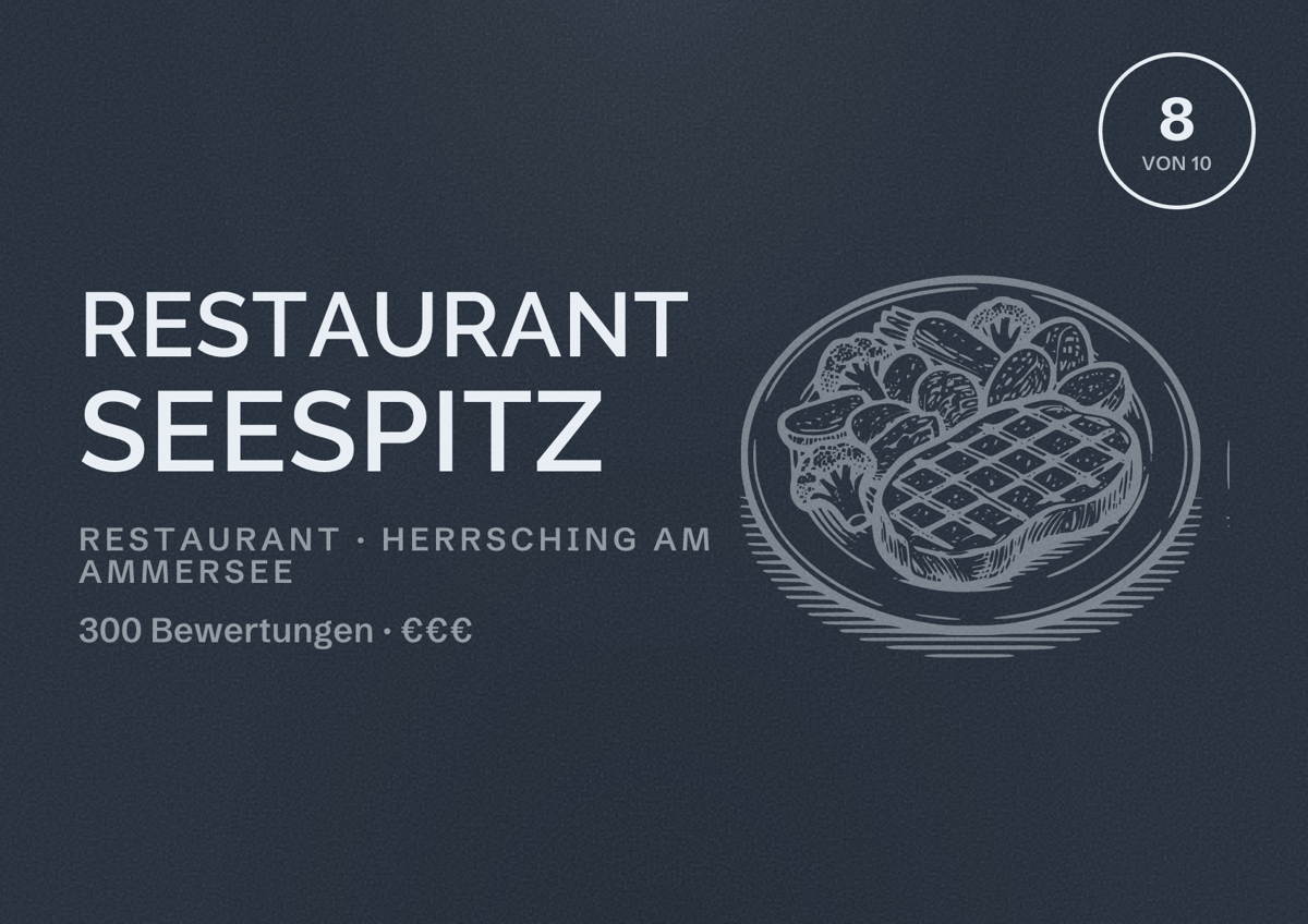 Illustriertes Poster von Restaurant Seespitz, Restaurant in Herrsching am Ammersee: Bewertung 8 von 10 aus 300 Bewertungen, Preisniveau €€€