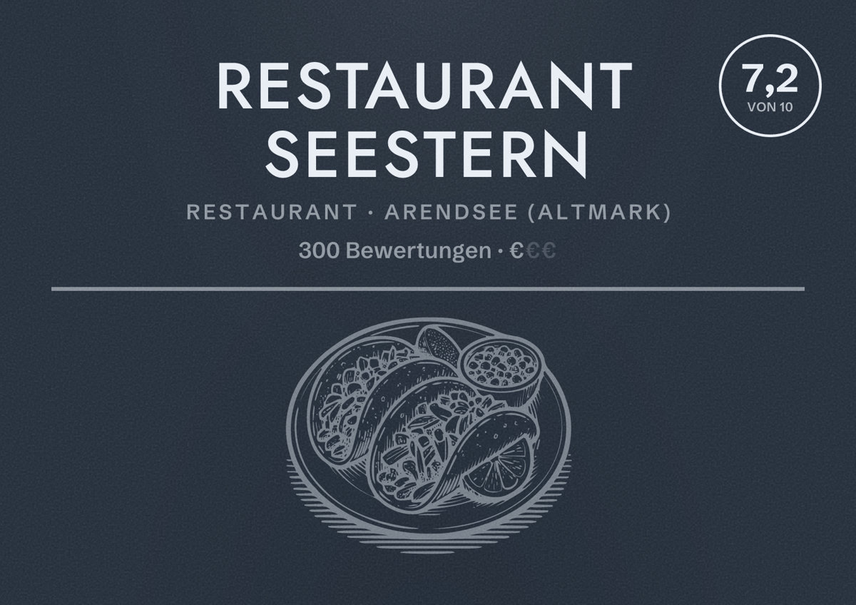 Illustriertes Poster von Restaurant Seestern, Restaurant in Arendsee (Altmark): Bewertung 7,2 von 10 aus 300 Bewertungen, Preisniveau €