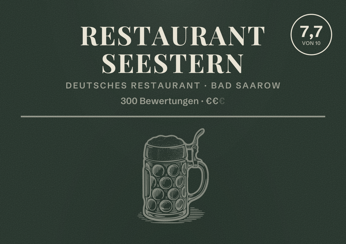 Illustriertes Poster von Restaurant Seestern, Deutsches Restaurant in Bad Saarow: Bewertung 7,7 von 10 aus 300 Bewertungen, Preisniveau €€