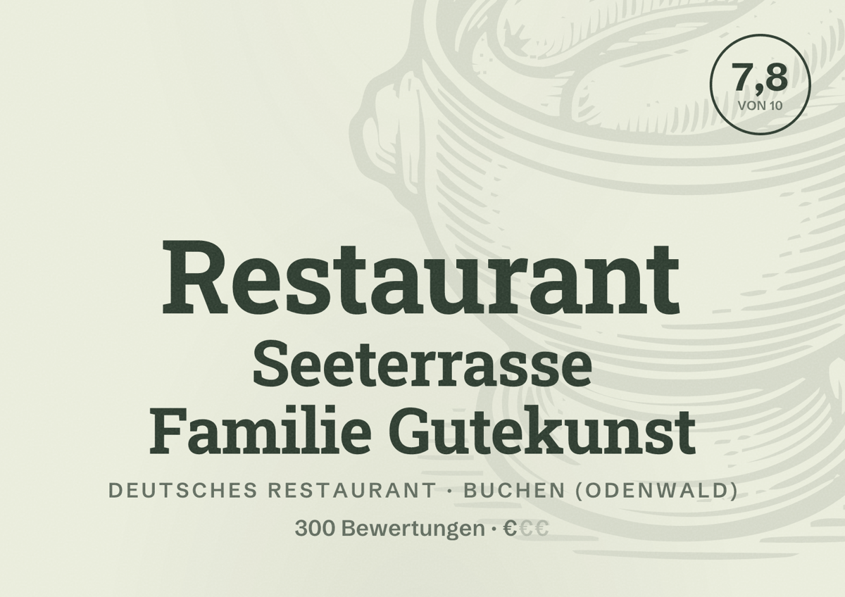 Illustriertes Poster von Restaurant Seeterrasse Familie Gutekunst, Deutsches Restaurant in Buchen (Odenwald): Bewertung 7,8 von 10 aus 300 Bewertungen, Preisniveau €