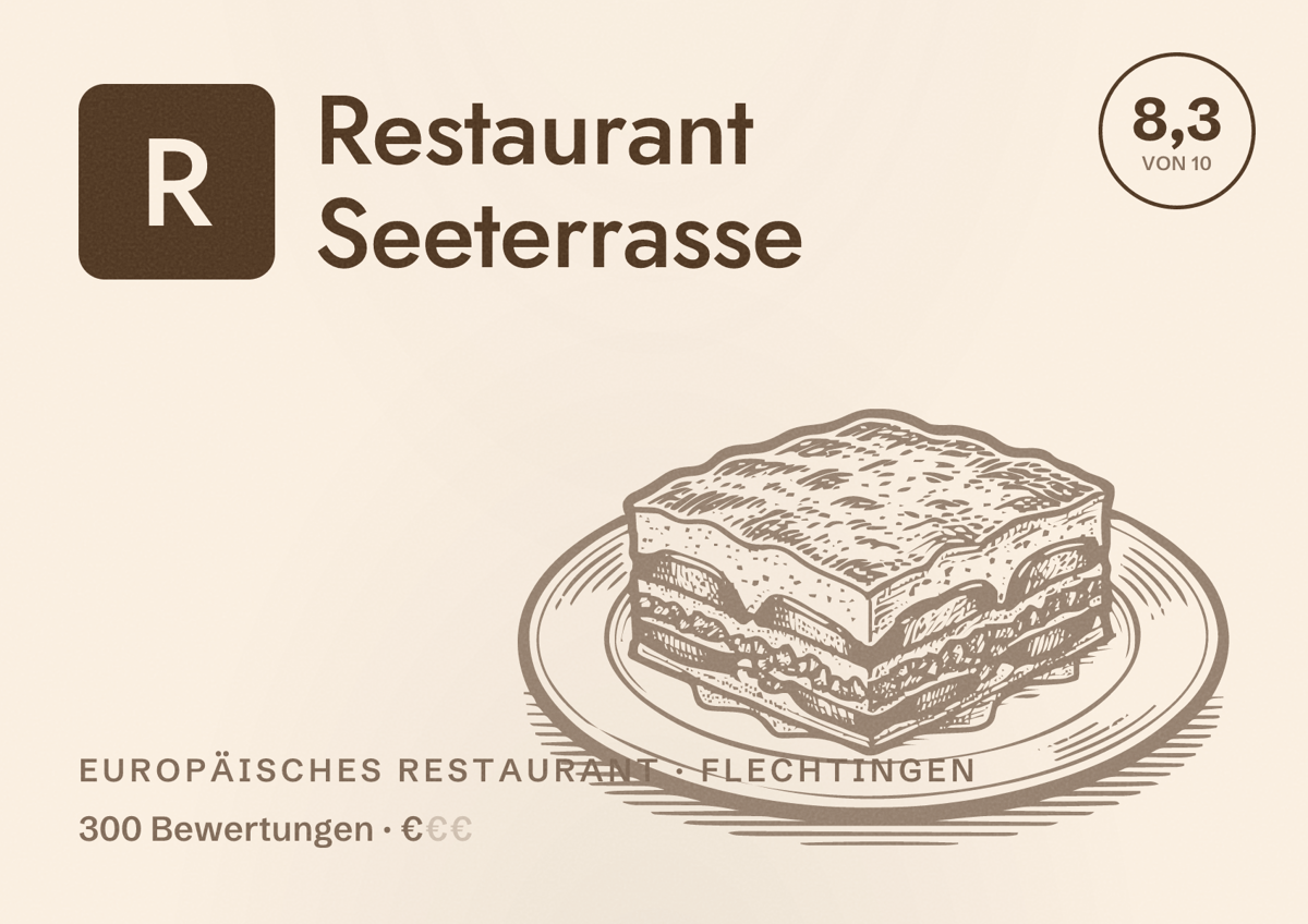 Illustriertes Poster von Restaurant Seeterrasse, Europäisches Restaurant in Flechtingen: Bewertung 8,3 von 10 aus 300 Bewertungen, Preisniveau €