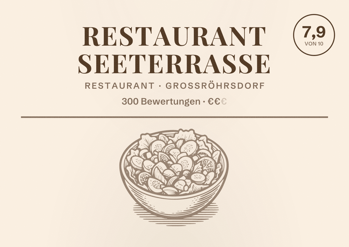 Illustriertes Poster von Restaurant Seeterrasse, Restaurant in Großröhrsdorf: Bewertung 7,9 von 10 aus 300 Bewertungen, Preisniveau €€
