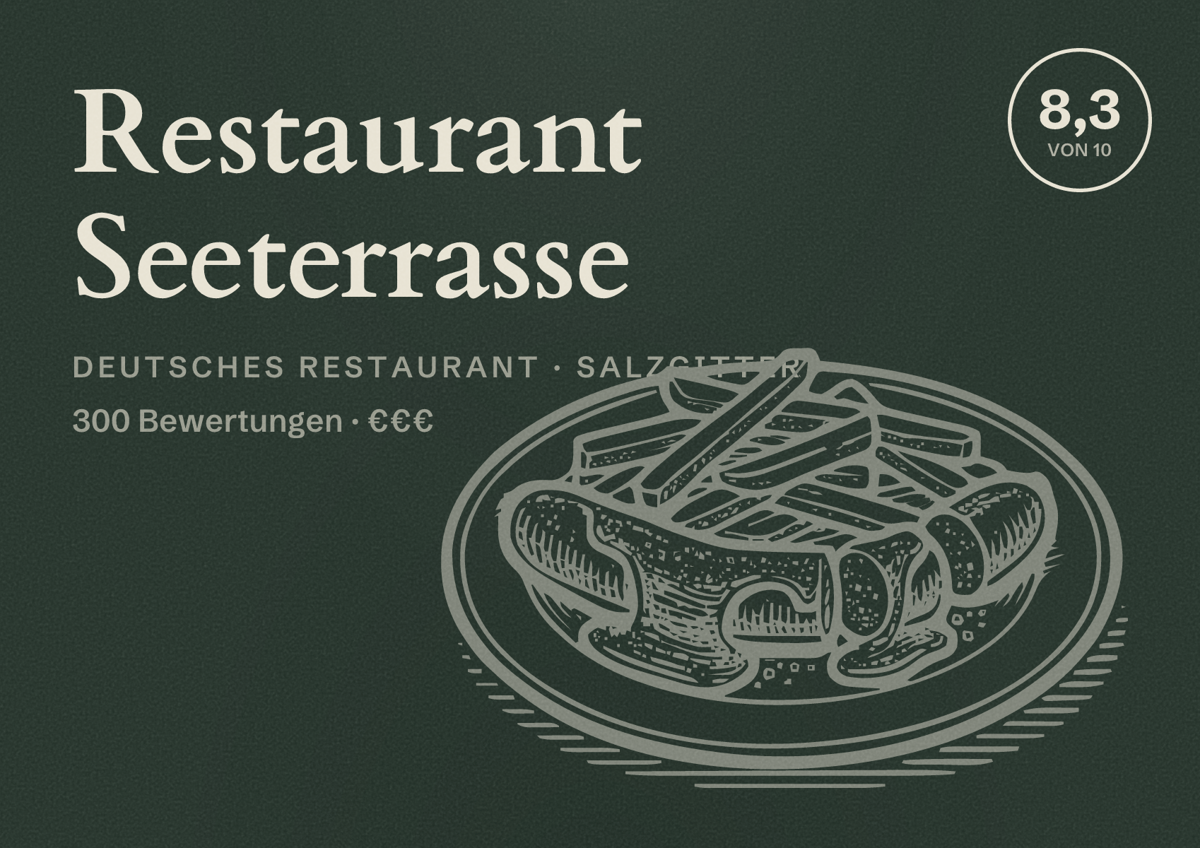 Illustriertes Poster von Restaurant Seeterrasse, Deutsches Restaurant in Salzgitter: Bewertung 8,3 von 10 aus 300 Bewertungen, Preisniveau €€€