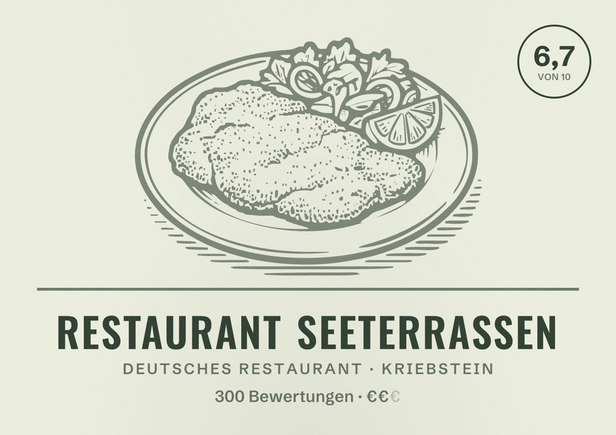 Illustriertes Poster von Restaurant Seeterrassen, Deutsches Restaurant in Kriebstein: Bewertung 6,7 von 10 aus 300 Bewertungen, Preisniveau €€