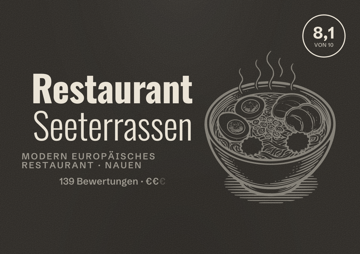 Illustriertes Poster von Restaurant Seeterrassen, Modern europäisches Restaurant in Nauen: Bewertung 8,1 von 10 aus 139 Bewertungen, Preisniveau €€