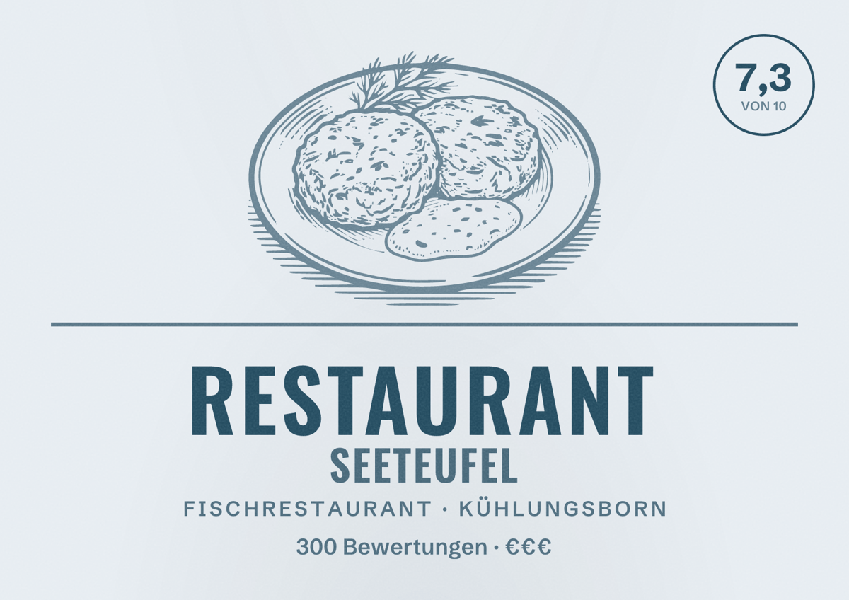 Illustriertes Poster von Restaurant Seeteufel, Fischrestaurant in Kühlungsborn: Bewertung 7,3 von 10 aus 300 Bewertungen, Preisniveau €€€