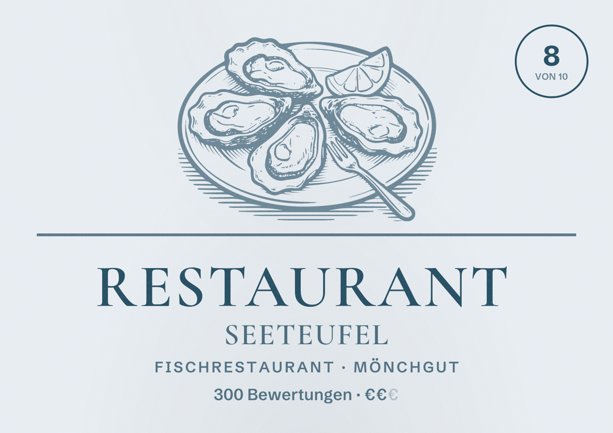 Illustriertes Poster von Restaurant Seeteufel, Fischrestaurant in Mönchgut: Bewertung 8 von 10 aus 300 Bewertungen, Preisniveau €€