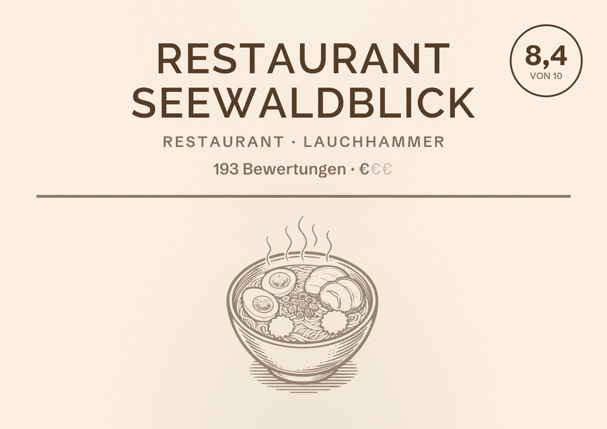 Illustriertes Poster von Restaurant Seewaldblick, Restaurant in Lauchhammer: Bewertung 8,4 von 10 aus 193 Bewertungen, Preisniveau €