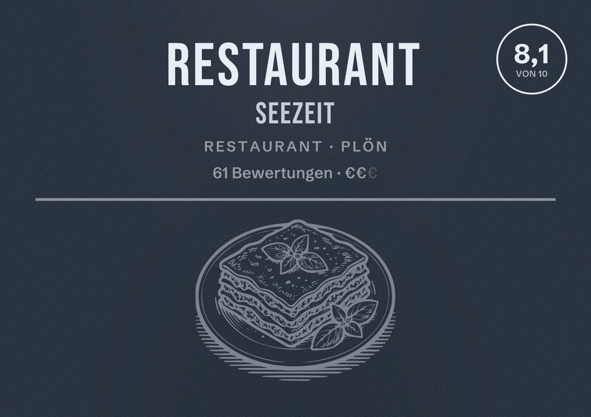 Illustriertes Poster von Restaurant SeeZeit, Restaurant in Plön: Bewertung 8,1 von 10 aus 61 Bewertungen, Preisniveau €€