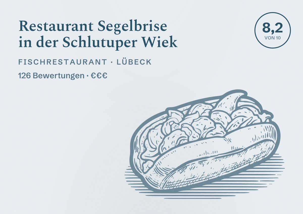 Illustriertes Poster von Restaurant Segelbrise in der Schlutuper Wiek, Fischrestaurant in Lübeck: Bewertung 8,2 von 10 aus 126 Bewertungen, Preisniveau €€€