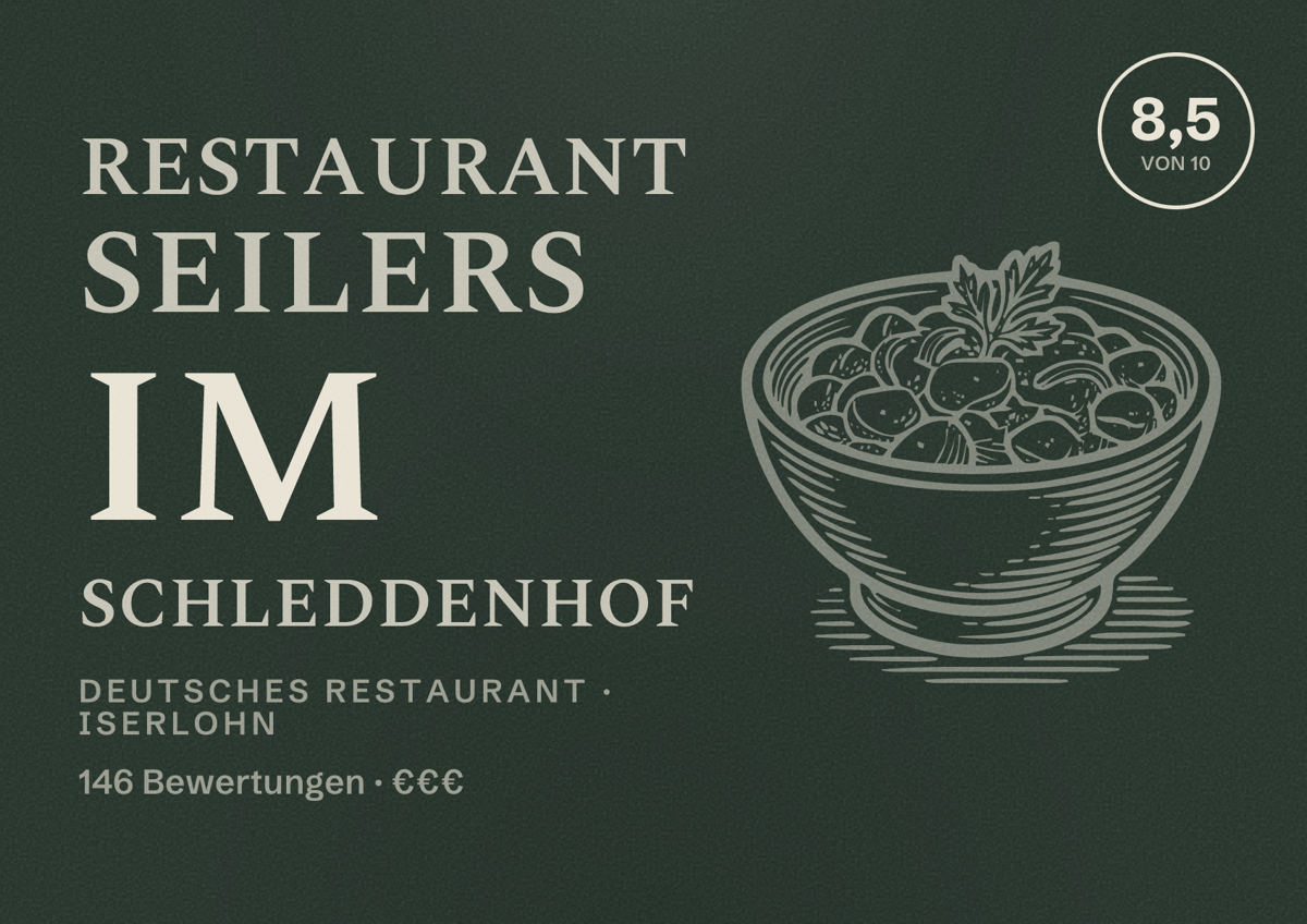 Illustriertes Poster von Restaurant Seilers im Schleddenhof, Deutsches Restaurant in Iserlohn: Bewertung 8,5 von 10 aus 146 Bewertungen, Preisniveau €€€