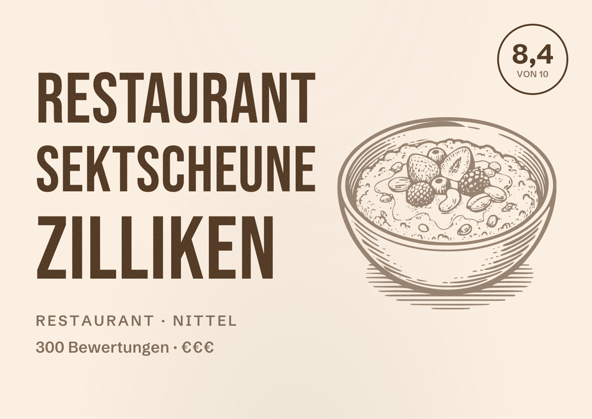 Illustriertes Poster von Restaurant Sektscheune Zilliken, Restaurant in Nittel: Bewertung 8,4 von 10 aus 300 Bewertungen, Preisniveau €€€