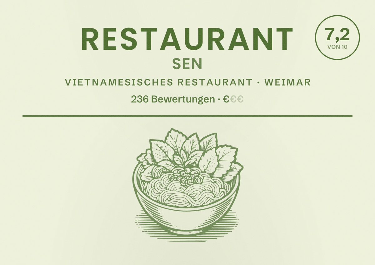 Illustriertes Poster von Restaurant Sen, Vietnamesisches Restaurant in Weimar: Bewertung 7,2 von 10 aus 236 Bewertungen, Preisniveau €