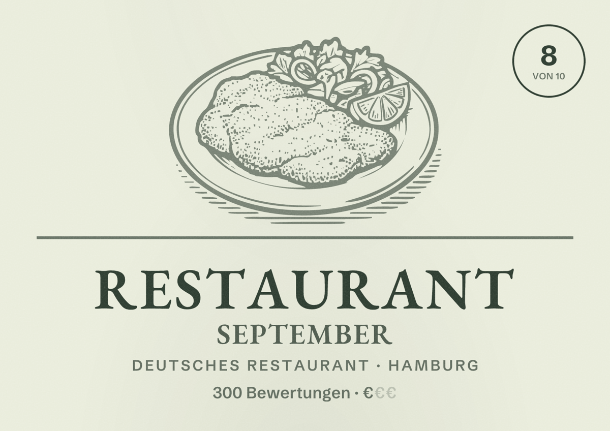 Illustriertes Poster von Restaurant September, Deutsches Restaurant in Hamburg: Bewertung 8,0 von 10 aus 300 Bewertungen, Preisniveau €