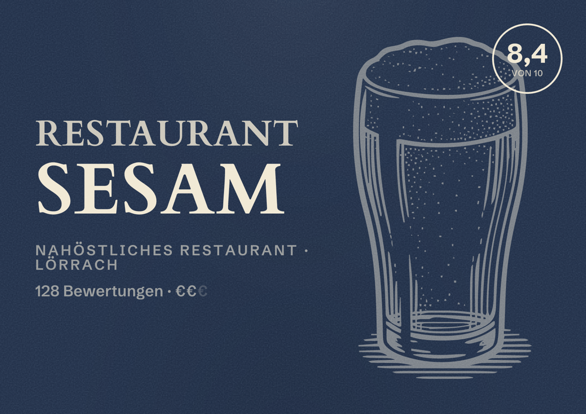 Illustriertes Poster von Restaurant Sesam, Nahöstliches Restaurant in Lörrach: Bewertung 8,4 von 10 aus 128 Bewertungen, Preisniveau €€