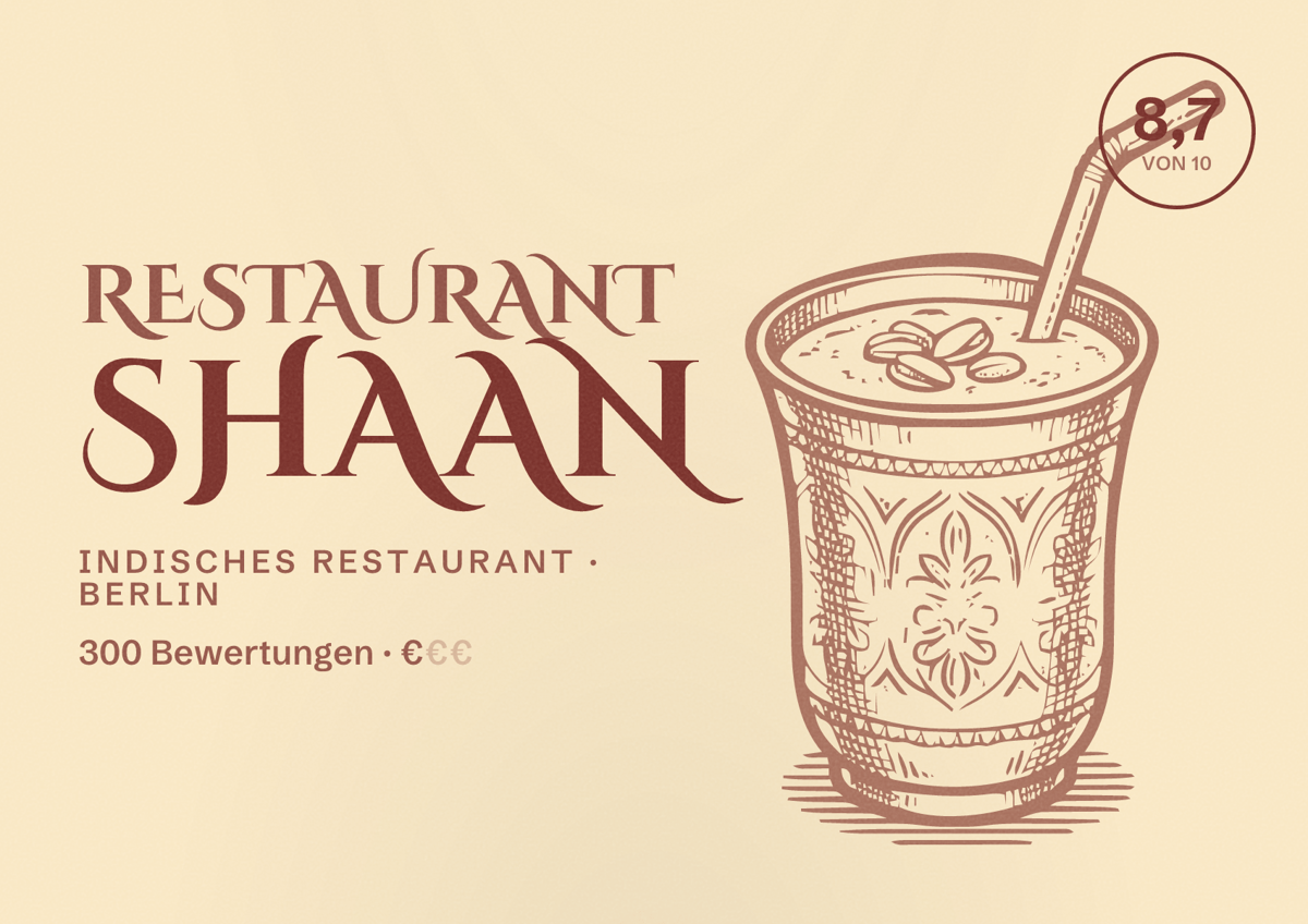 Illustriertes Poster von Restaurant Shaan, Indisches Restaurant in Berlin: Bewertung 8,7 von 10 aus 300 Bewertungen, Preisniveau €