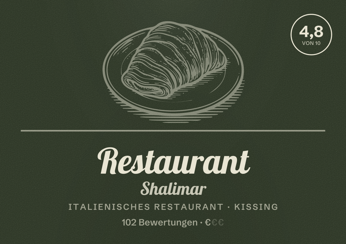 Illustriertes Poster von Restaurant Shalimar, Italienisches Restaurant in Kissing: Bewertung 4,8 von 10 aus 102 Bewertungen, Preisniveau €