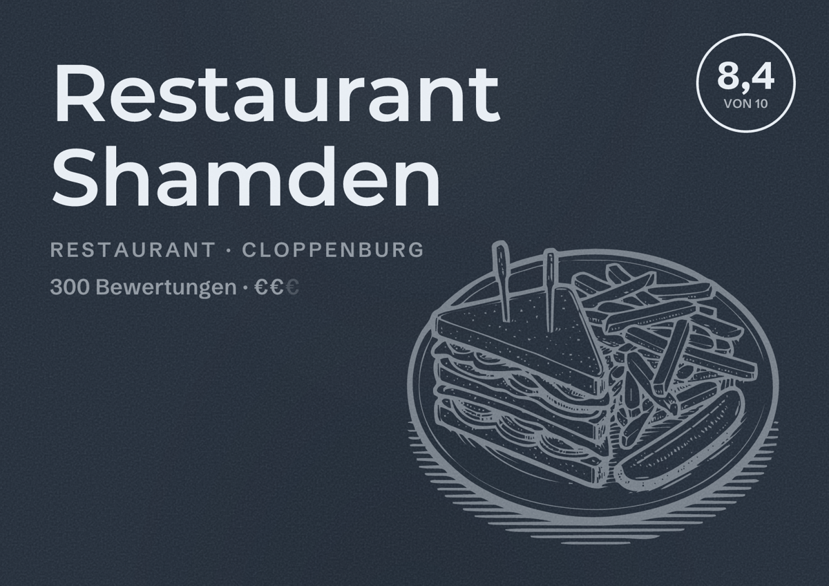 Illustriertes Poster von Restaurant Shamden, Restaurant in Cloppenburg: Bewertung 8,4 von 10 aus 300 Bewertungen, Preisniveau €€