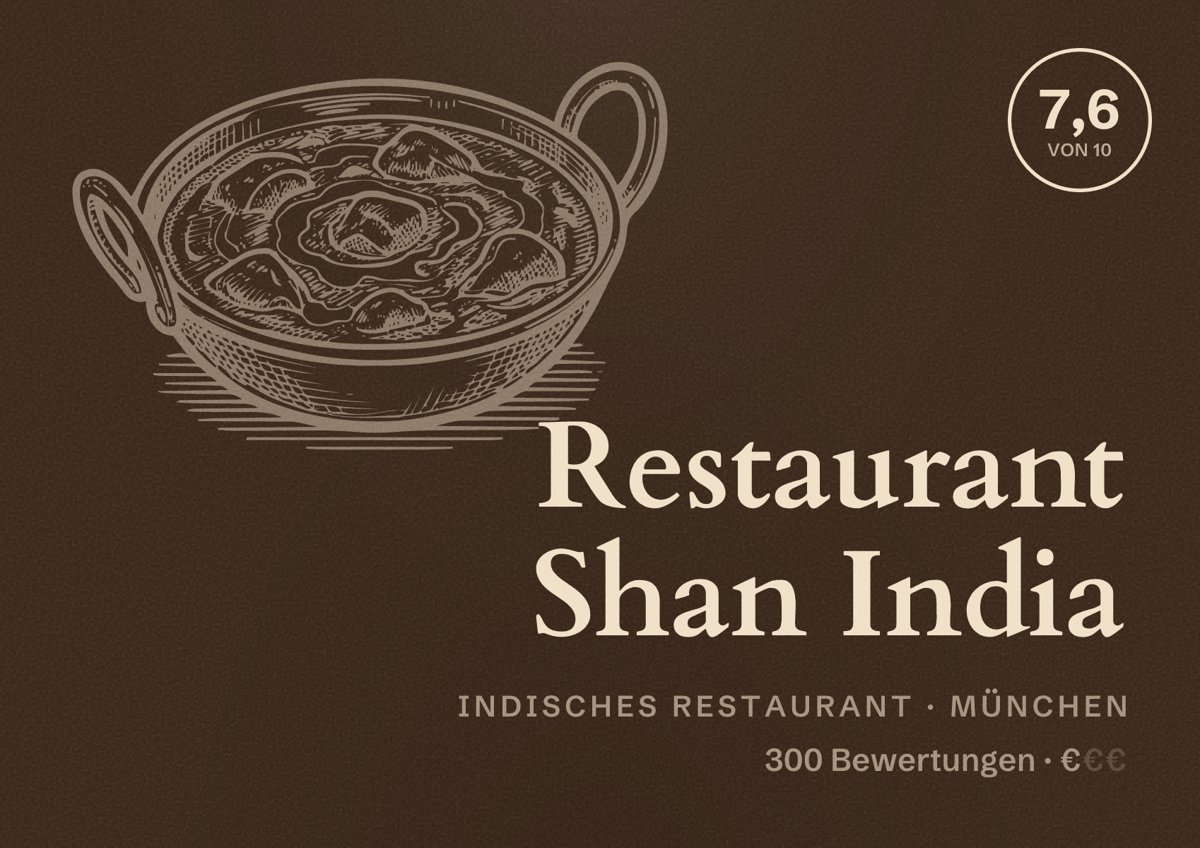 Illustriertes Poster von Restaurant Shan India, Indisches Restaurant in München: Bewertung 7,6 von 10 aus 300 Bewertungen, Preisniveau €