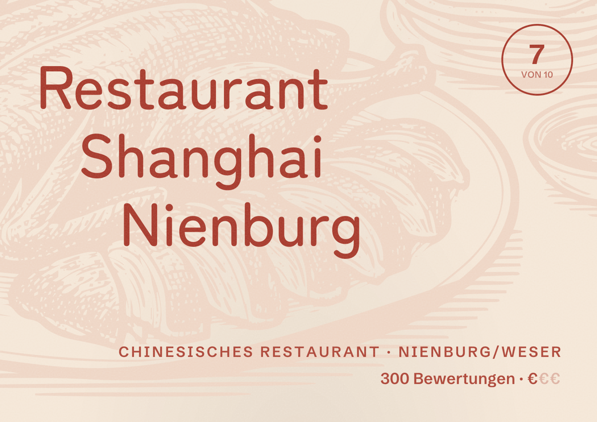 Illustriertes Poster von Restaurant Shanghai Nienburg, Chinesisches Restaurant in Nienburg/Weser: Bewertung 7 von 10 aus 300 Bewertungen, Preisniveau €
