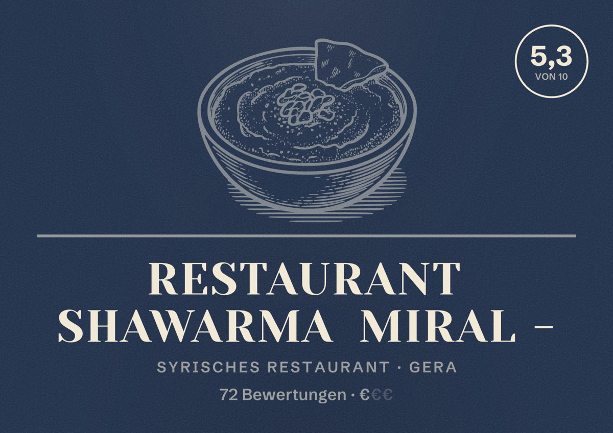 Illustriertes Poster von Restaurant Shawarma Miral -, Syrisches Restaurant in Gera: Bewertung 5,3 von 10 aus 72 Bewertungen, Preisniveau €