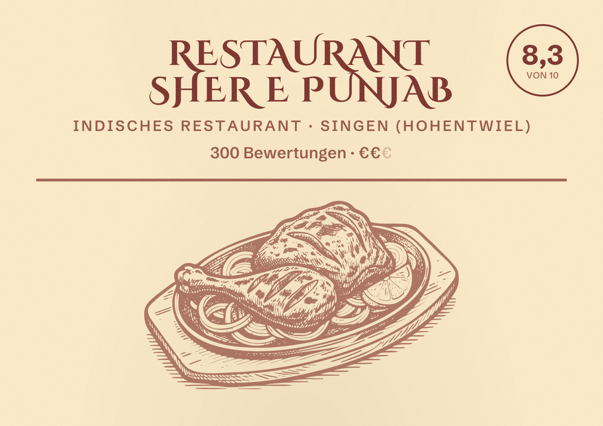 Illustriertes Poster von Restaurant Sher E Punjab, Indisches Restaurant in Singen (Hohentwiel): Bewertung 8,3 von 10 aus 300 Bewertungen, Preisniveau €€