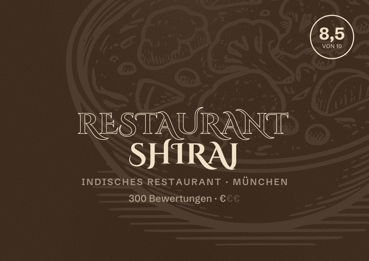 Illustriertes Poster von Restaurant Shiraj, Indisches Restaurant in München: Bewertung 8,5 von 10 aus 300 Bewertungen, Preisniveau €