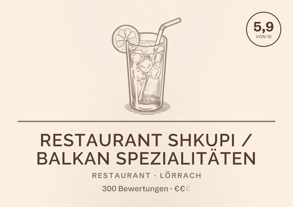 Illustriertes Poster von Restaurant Shkupi / Balkan Spezialitäten, Restaurant in Lörrach: Bewertung 5,9 von 10 aus 300 Bewertungen, Preisniveau €€