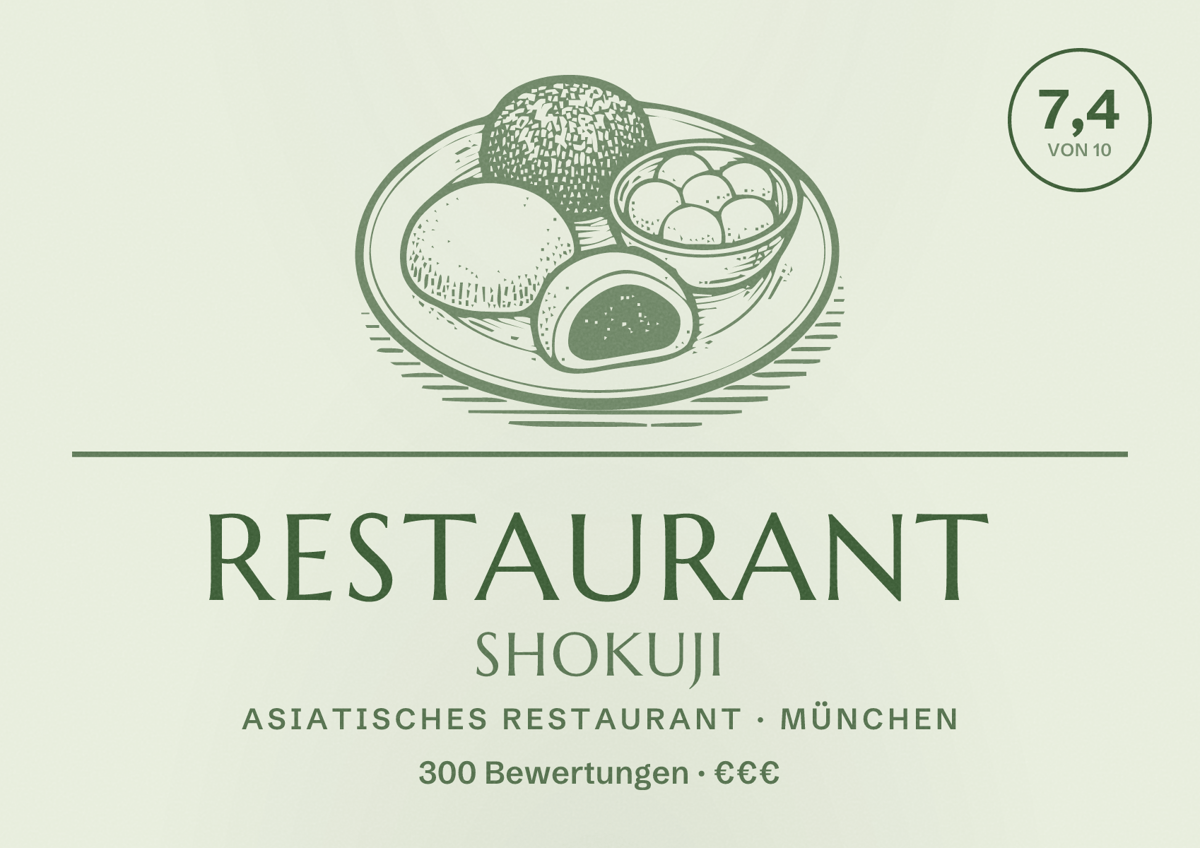 Illustriertes Poster von Restaurant Shokuji, Asiatisches Restaurant in München: Bewertung 7,4 von 10 aus 300 Bewertungen, Preisniveau €€€
