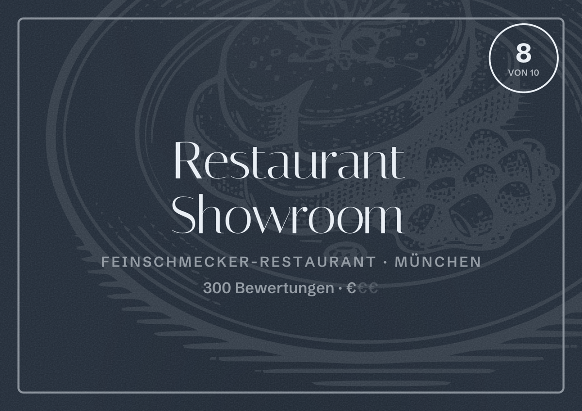 Illustriertes Poster von Restaurant Showroom, Feinschmecker-Restaurant in München: Bewertung 8,0 von 10 aus 300 Bewertungen, Preisniveau €