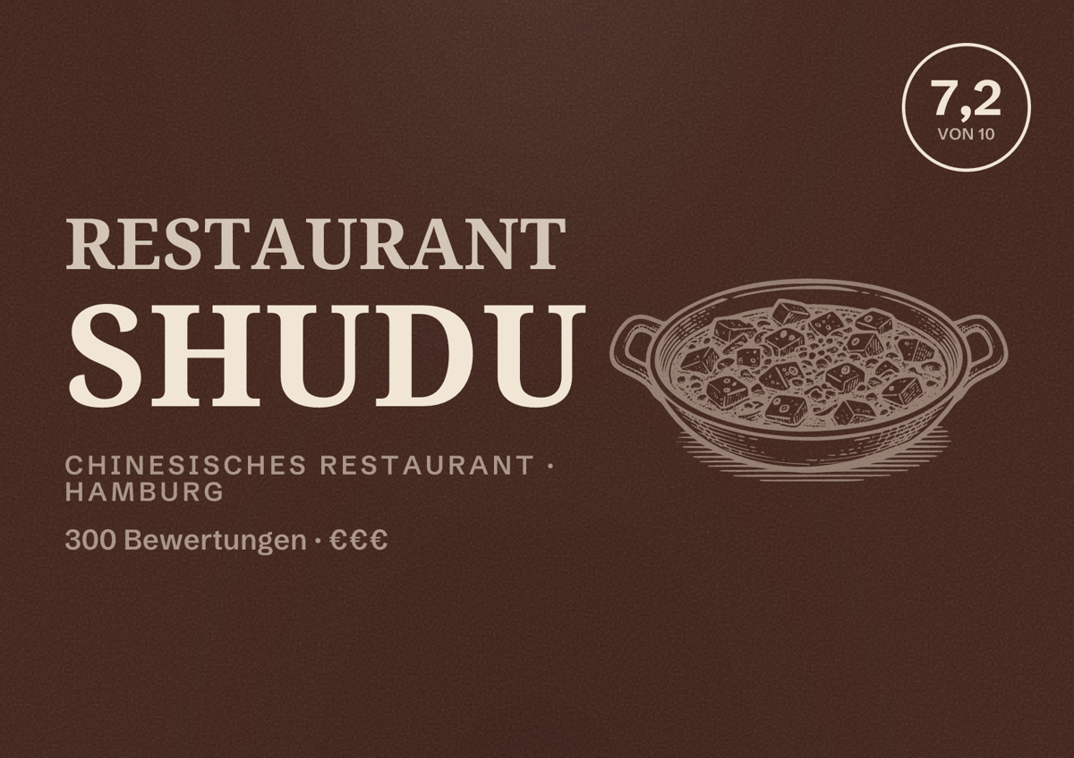 Illustriertes Poster von Restaurant Shudu, Chinesisches Restaurant in Hamburg: Bewertung 7,2 von 10 aus 300 Bewertungen, Preisniveau €€€