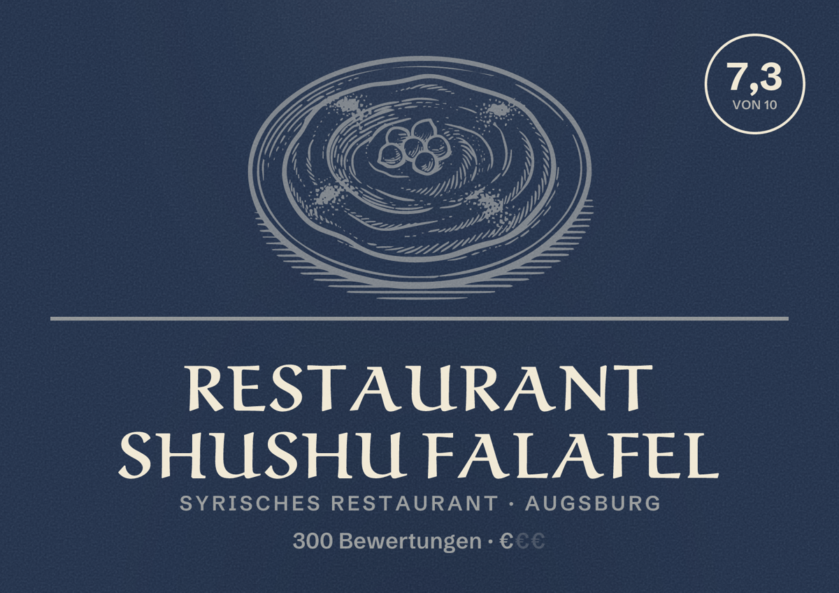 Illustriertes Poster von Restaurant Shushu Falafel, Syrisches Restaurant in Augsburg: Bewertung 7,3 von 10 aus 300 Bewertungen, Preisniveau €