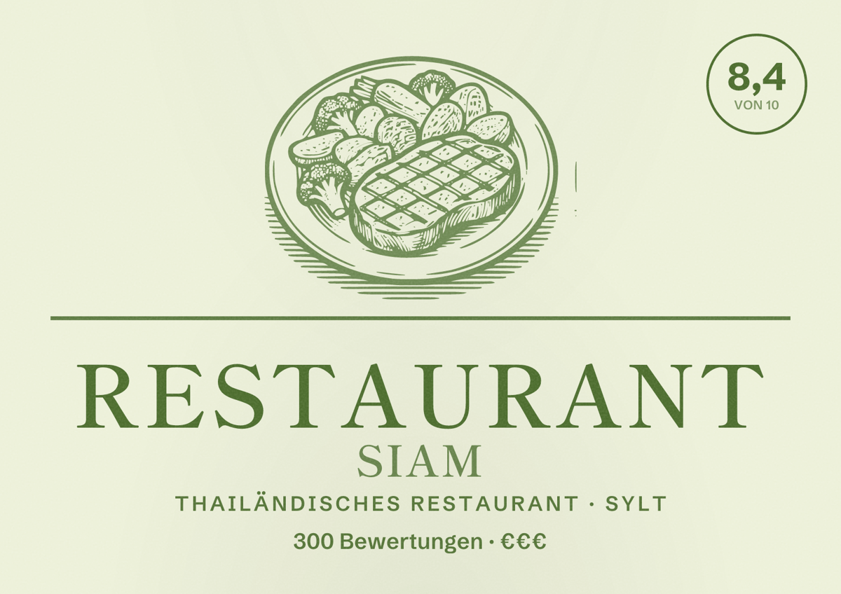 Illustriertes Poster von Restaurant Siam, Thailändisches Restaurant in Sylt: Bewertung 8,4 von 10 aus 300 Bewertungen, Preisniveau €€€