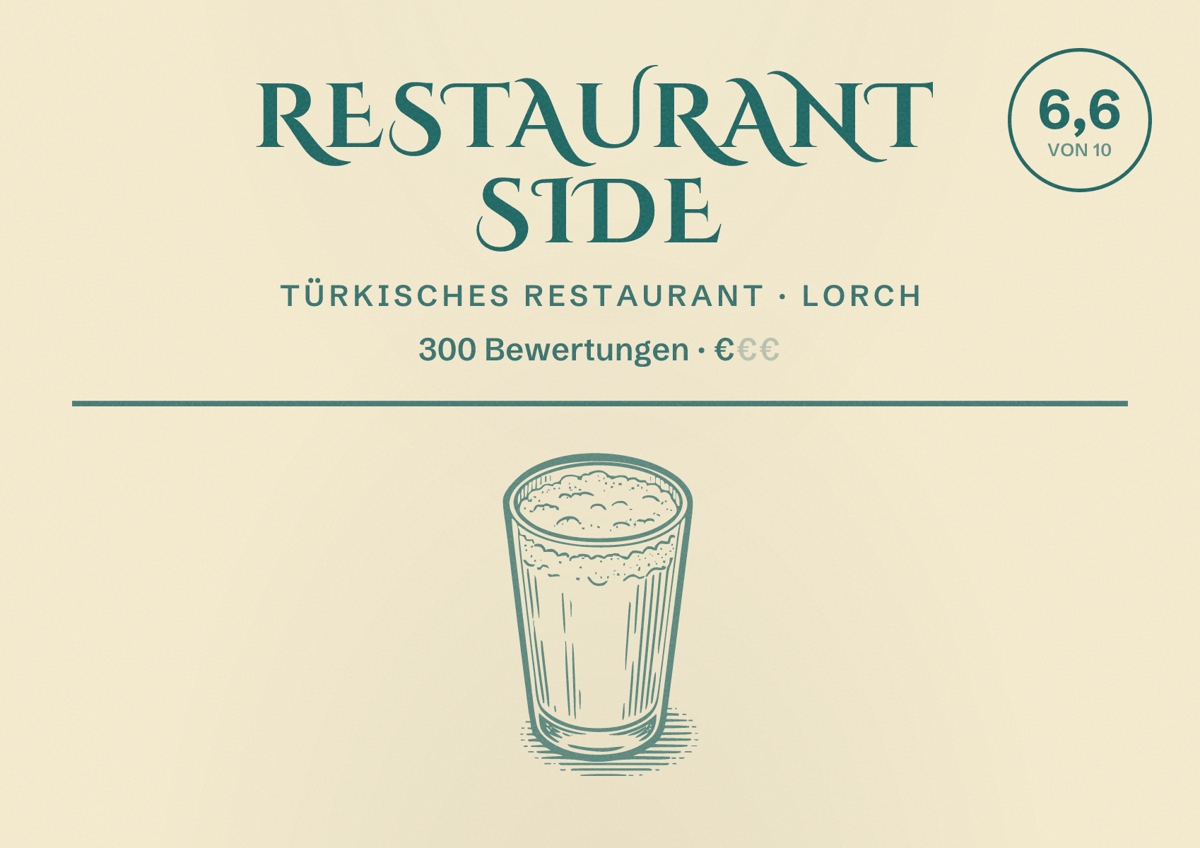 Illustriertes Poster von Restaurant Side, Türkisches Restaurant in Lorch: Bewertung 6,6 von 10 aus 300 Bewertungen, Preisniveau €