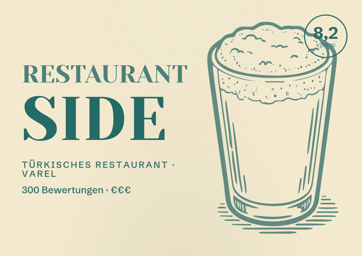 Illustriertes Poster von Restaurant Side, Türkisches Restaurant in Varel: Bewertung 8,2 von 10 aus 300 Bewertungen, Preisniveau €€€