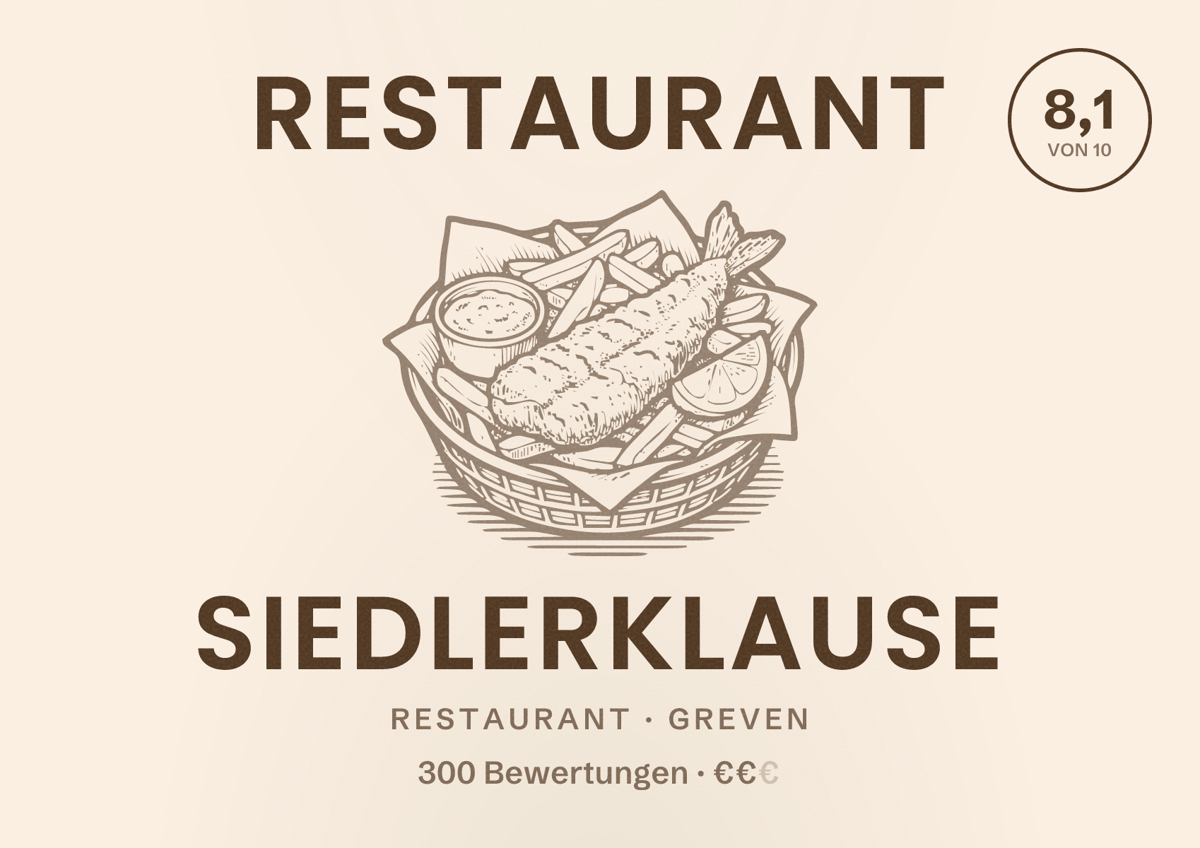 Illustriertes Poster von Restaurant Siedlerklause, Restaurant in Greven: Bewertung 8,1 von 10 aus 300 Bewertungen, Preisniveau €€