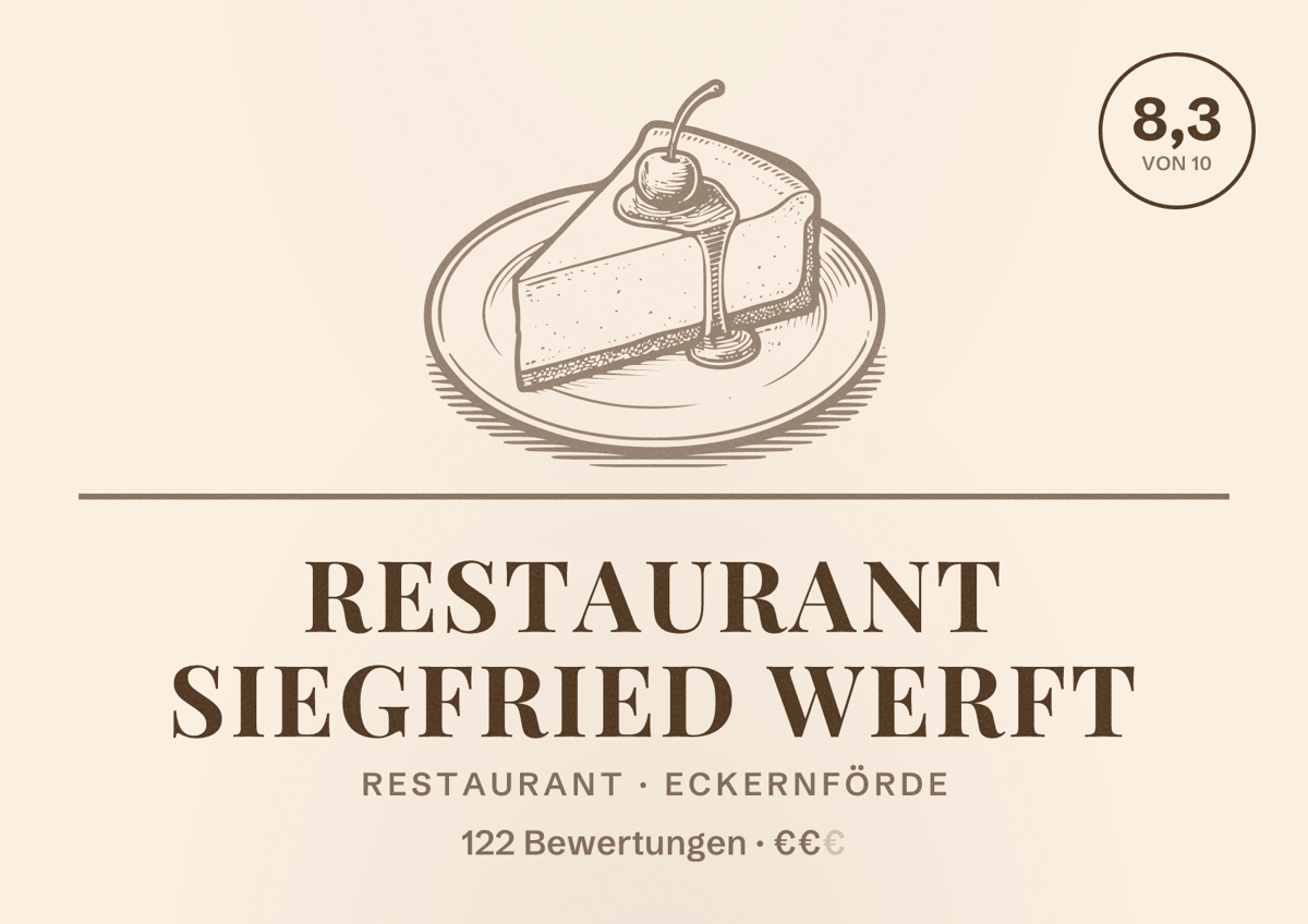 Illustriertes Poster von Restaurant Siegfried Werft, Restaurant in Eckernförde: Bewertung 8,3 von 10 aus 122 Bewertungen, Preisniveau €€