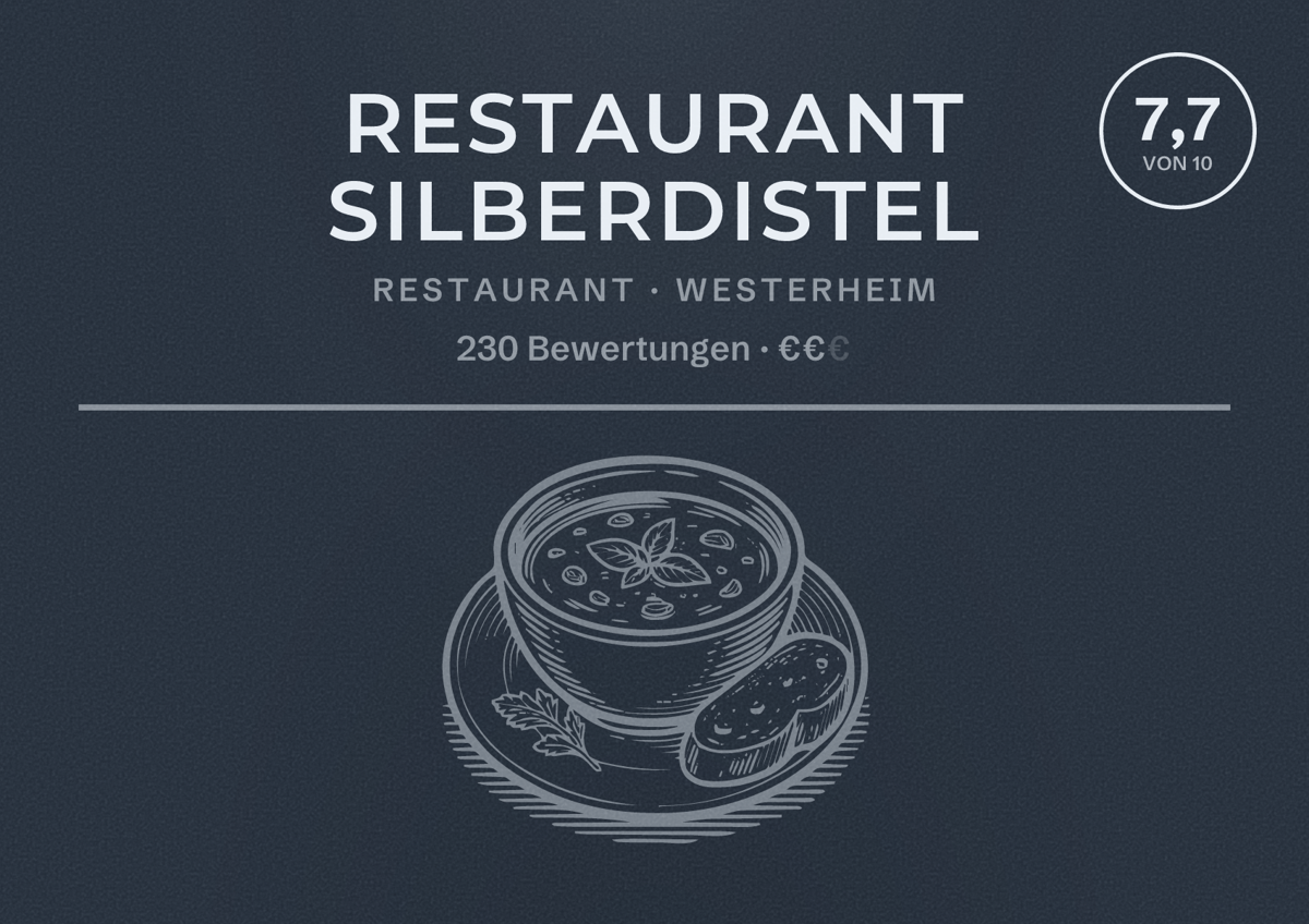 Illustriertes Poster von Restaurant Silberdistel, Restaurant in Westerheim: Bewertung 7,7 von 10 aus 230 Bewertungen, Preisniveau €€