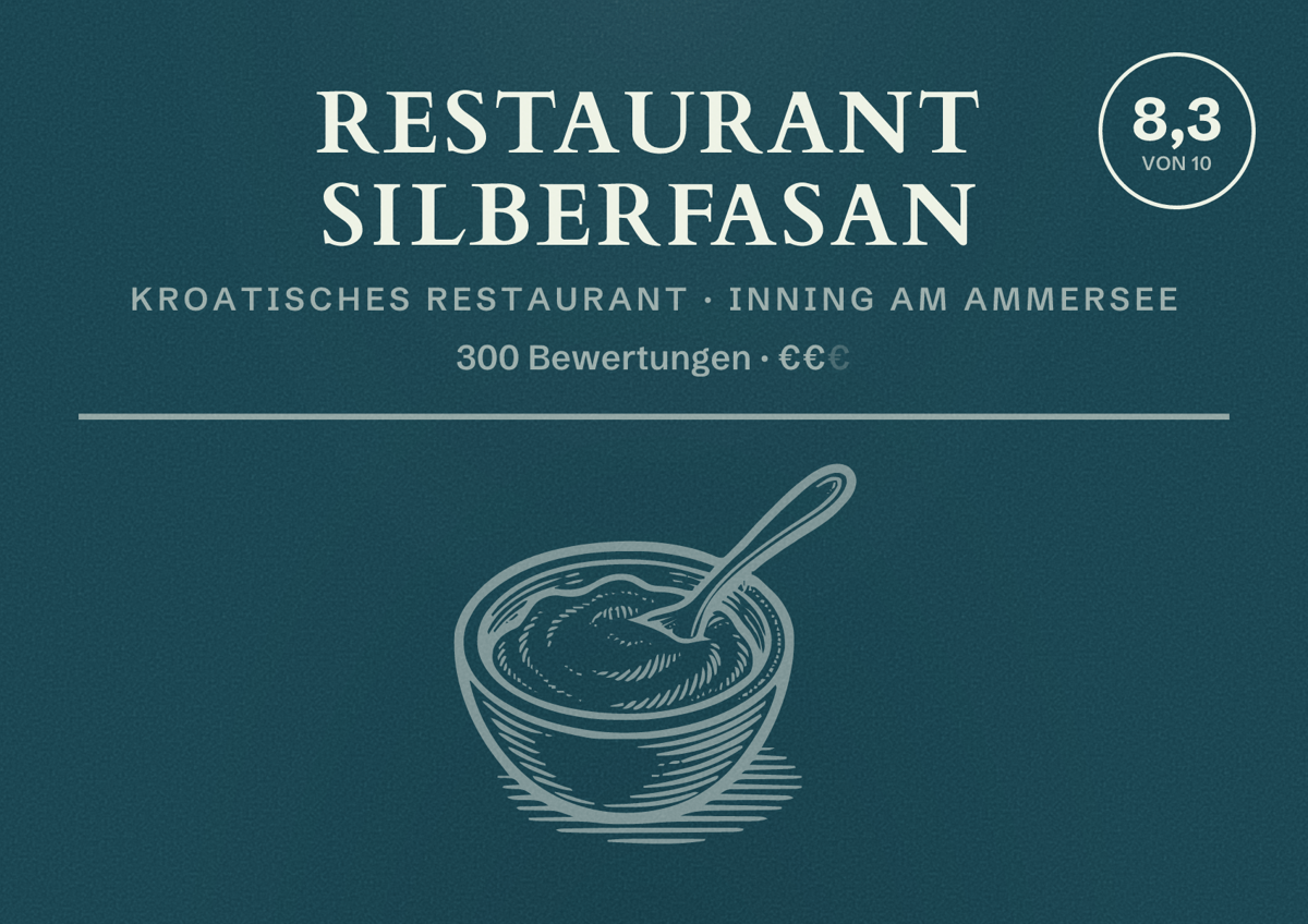 Illustriertes Poster von Restaurant Silberfasan, Kroatisches Restaurant in Inning am Ammersee: Bewertung 8,3 von 10 aus 300 Bewertungen, Preisniveau €€