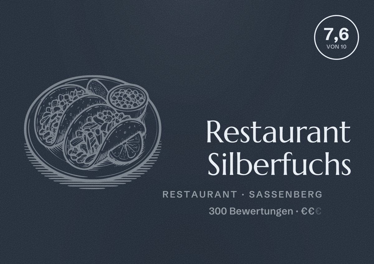 Illustriertes Poster von Restaurant Silberfuchs, Restaurant in Sassenberg: Bewertung 7,6 von 10 aus 300 Bewertungen, Preisniveau €€