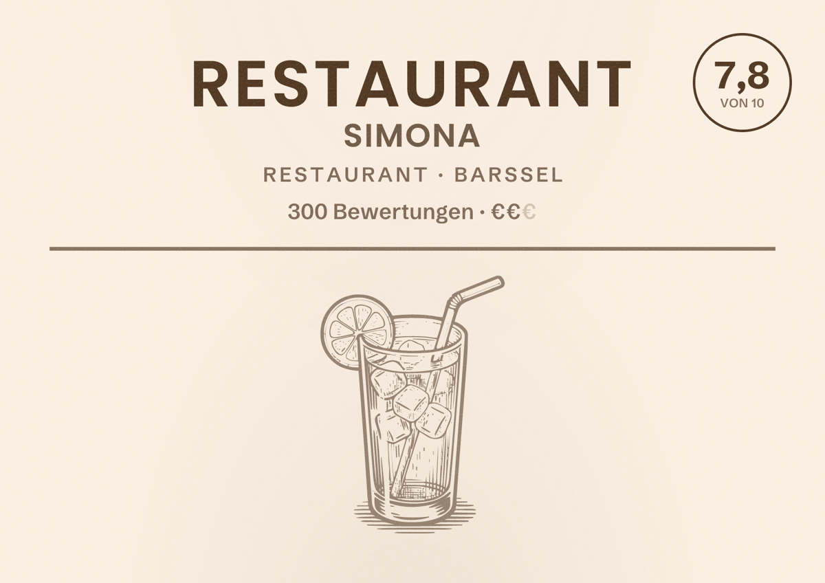 Illustriertes Poster von Restaurant Simona, Restaurant in Barßel: Bewertung 7,8 von 10 aus 300 Bewertungen, Preisniveau €€
