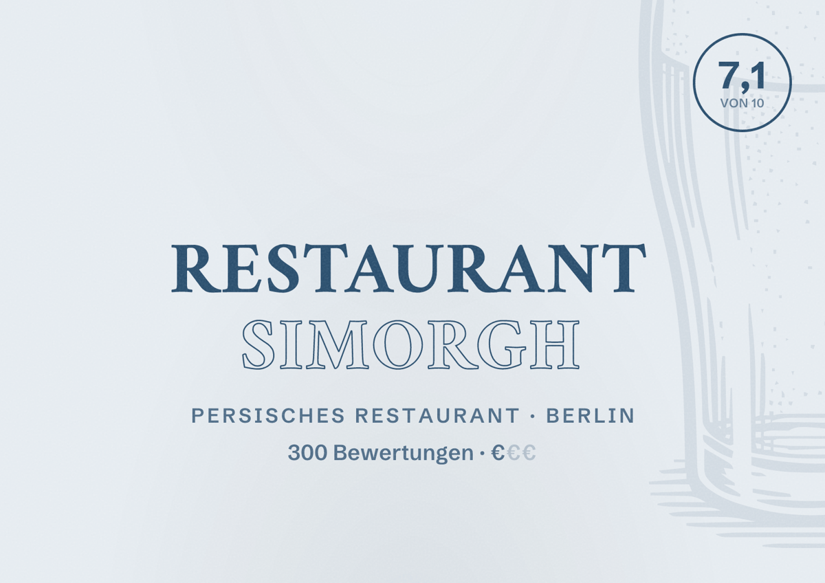 Illustriertes Poster von Restaurant Simorgh, Persisches Restaurant in Berlin: Bewertung 7,1 von 10 aus 300 Bewertungen, Preisniveau €