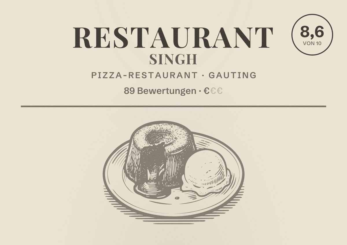 Illustriertes Poster von Restaurant Singh, Pizza-Restaurant in Gauting: Bewertung 8,6 von 10 aus 89 Bewertungen, Preisniveau €