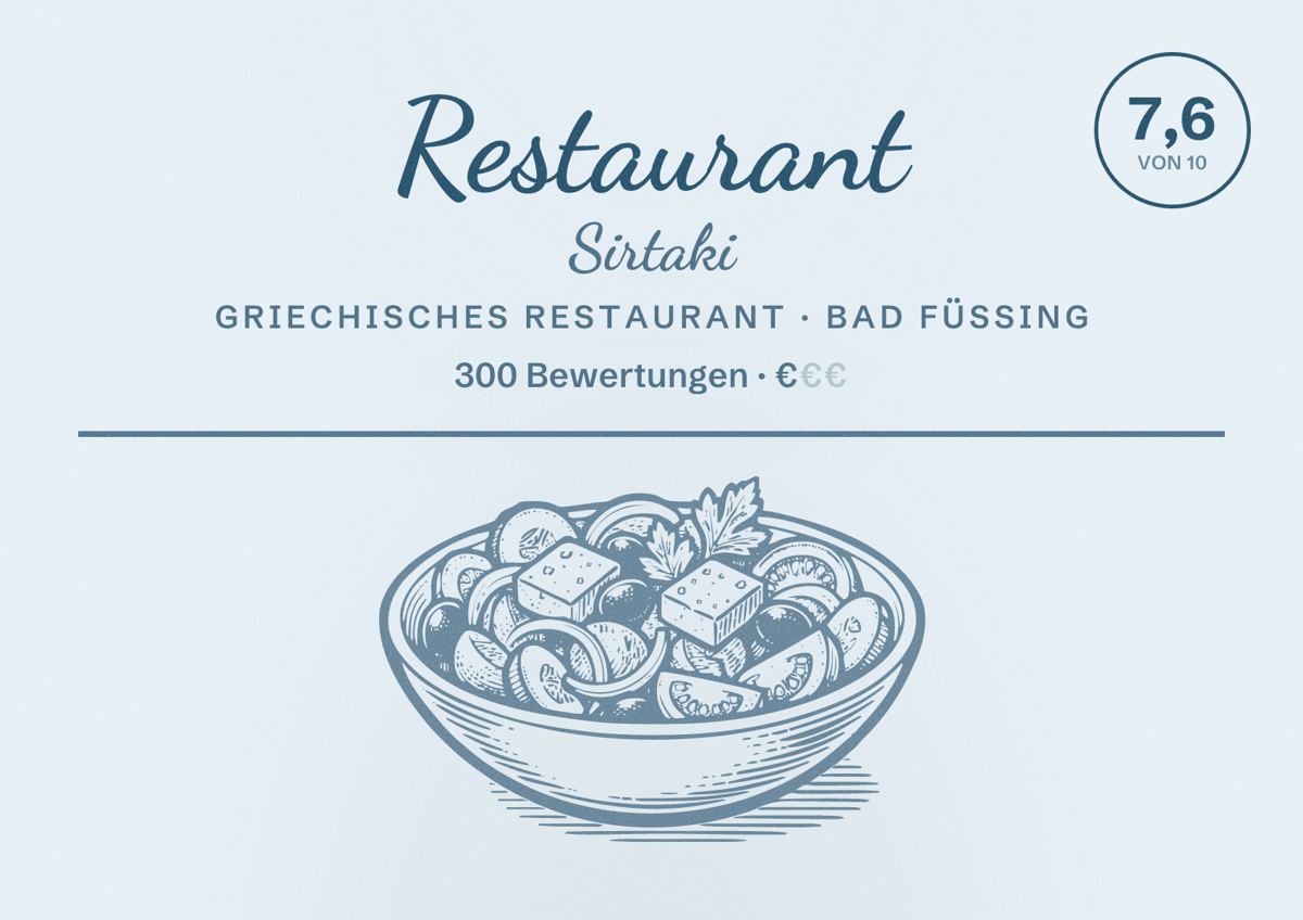 Illustriertes Poster von Restaurant Sirtaki, Griechisches Restaurant in Bad Füssing: Bewertung 7,6 von 10 aus 300 Bewertungen, Preisniveau €