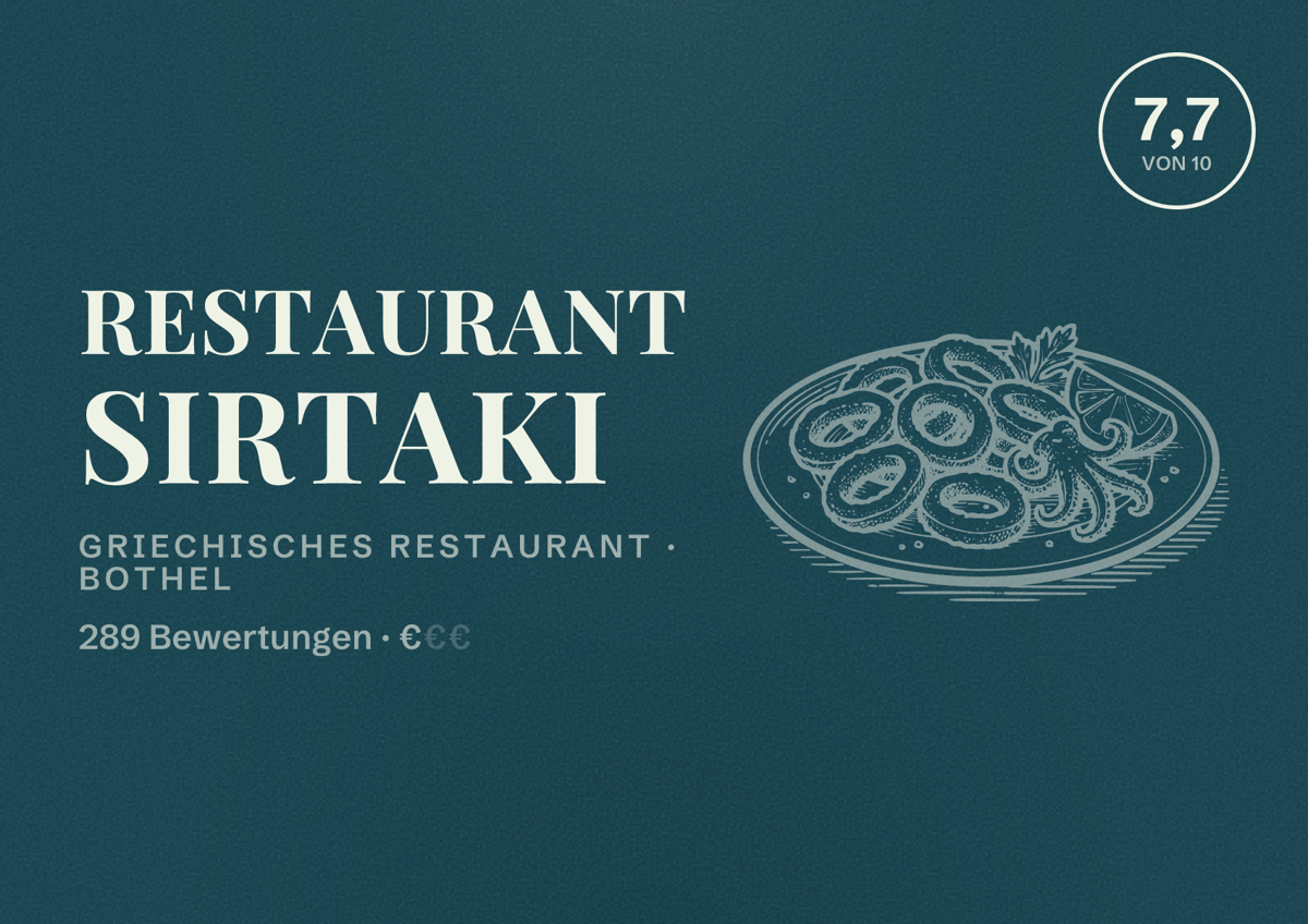 Illustriertes Poster von Restaurant Sirtaki, Griechisches Restaurant in Bothel: Bewertung 7,7 von 10 aus 289 Bewertungen, Preisniveau €