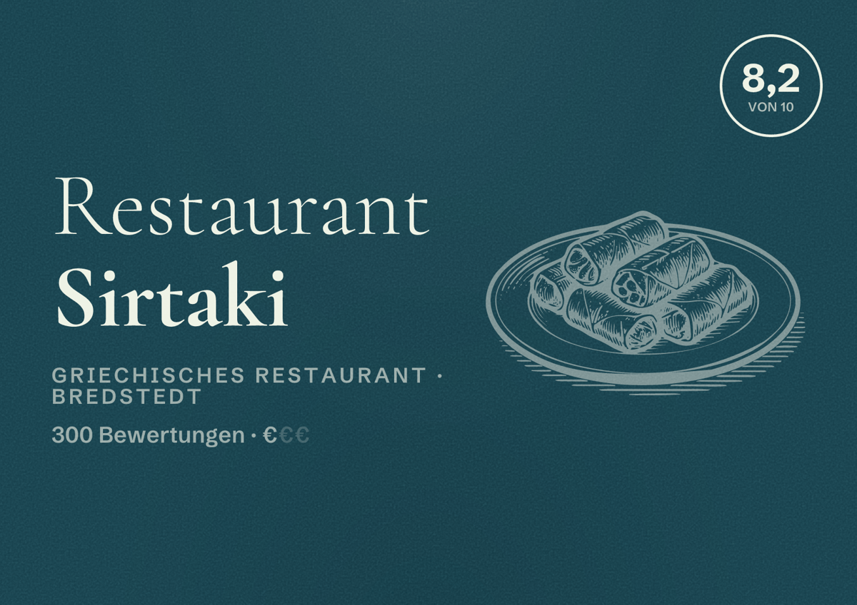 Illustriertes Poster von Restaurant Sirtaki, Griechisches Restaurant in Bredstedt: Bewertung 8,2 von 10 aus 300 Bewertungen, Preisniveau €