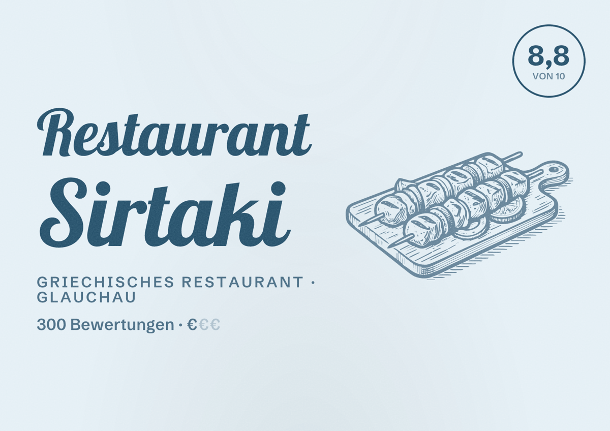 Illustriertes Poster von Restaurant Sirtaki, Griechisches Restaurant in Glauchau: Bewertung 8,8 von 10 aus 300 Bewertungen, Preisniveau €